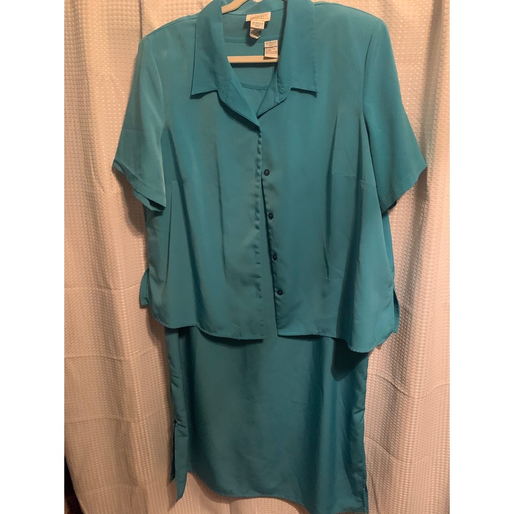 Roamans Womens Teal Blue 2 Piece dress Short Sleeve Button Blouse Size B0 10-12